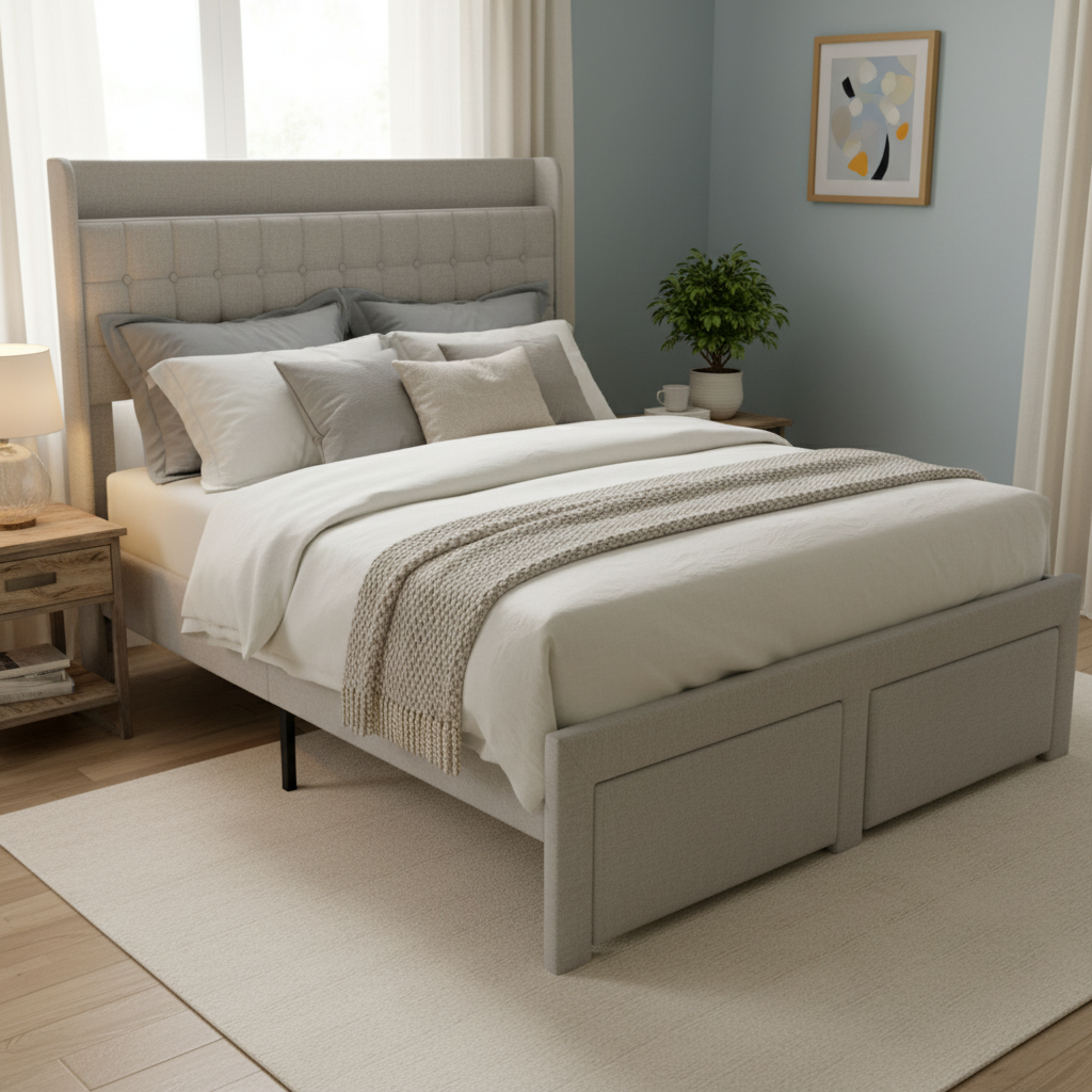 EDX Upholstered Bed Frame with 2 Storage Drawers, Platform Bed with Headboard and Sturdy Metal Frame