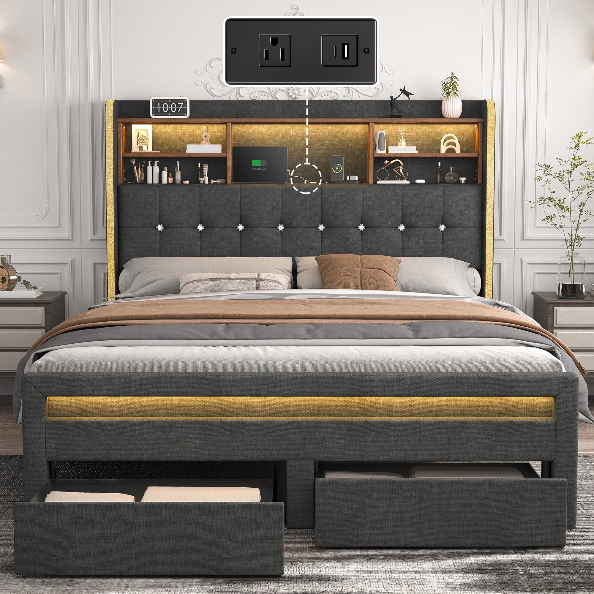 EDX Upholstered Bed Frame with 2 Storage Drawers, Platform Bed with Headboard and Sturdy Metal Frame