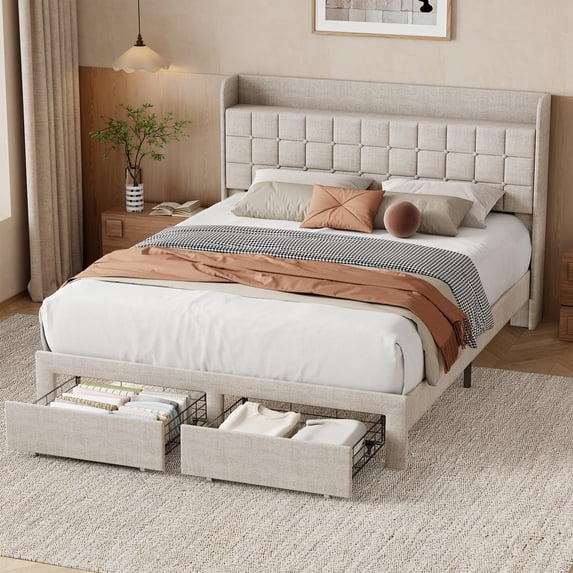 EDX Upholstered Platform Bed Frame with Storage Drawers and Fabric Headboard, Steel Support Frame