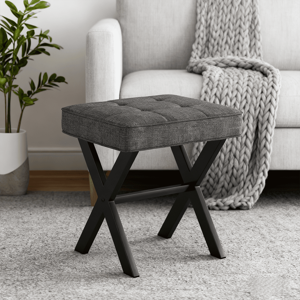 EDX Square Linen Makeup Stool, Metal X Legs, Small Ottoman Stool Chair for Vanity, Modern Padded Seat Foot Rest for Makeup Room, Bathroom