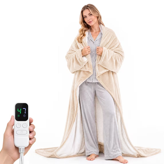 EDX Wearable Heated Blanket 70"x 50", Flannel Sherpa,Sleeves & Foot Pocket, 1-9H Auto Shut-Off, Overheat Protection, Machine Washable, Gift for Family