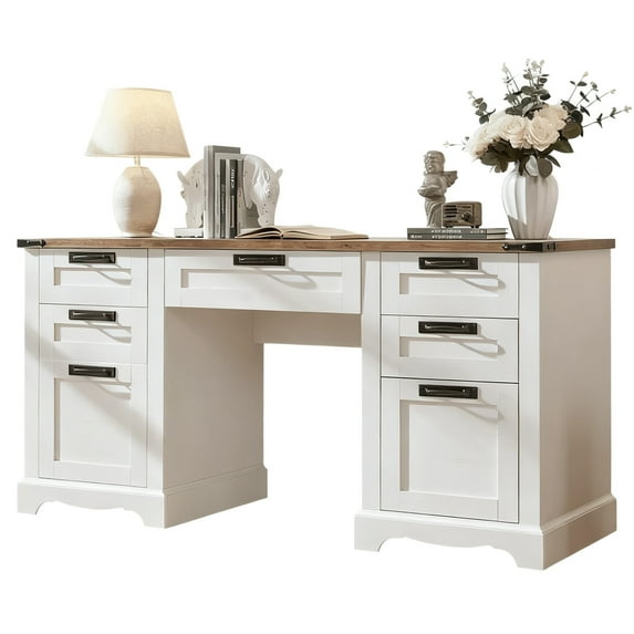 EDX 60‘’ Wood Computer Writing Desk Farmhouse Executive Desk, Rustic Office Desk with Charging Station and Keyboard Tray,Home Workstations with File Drawer, Storage Cabinet, White