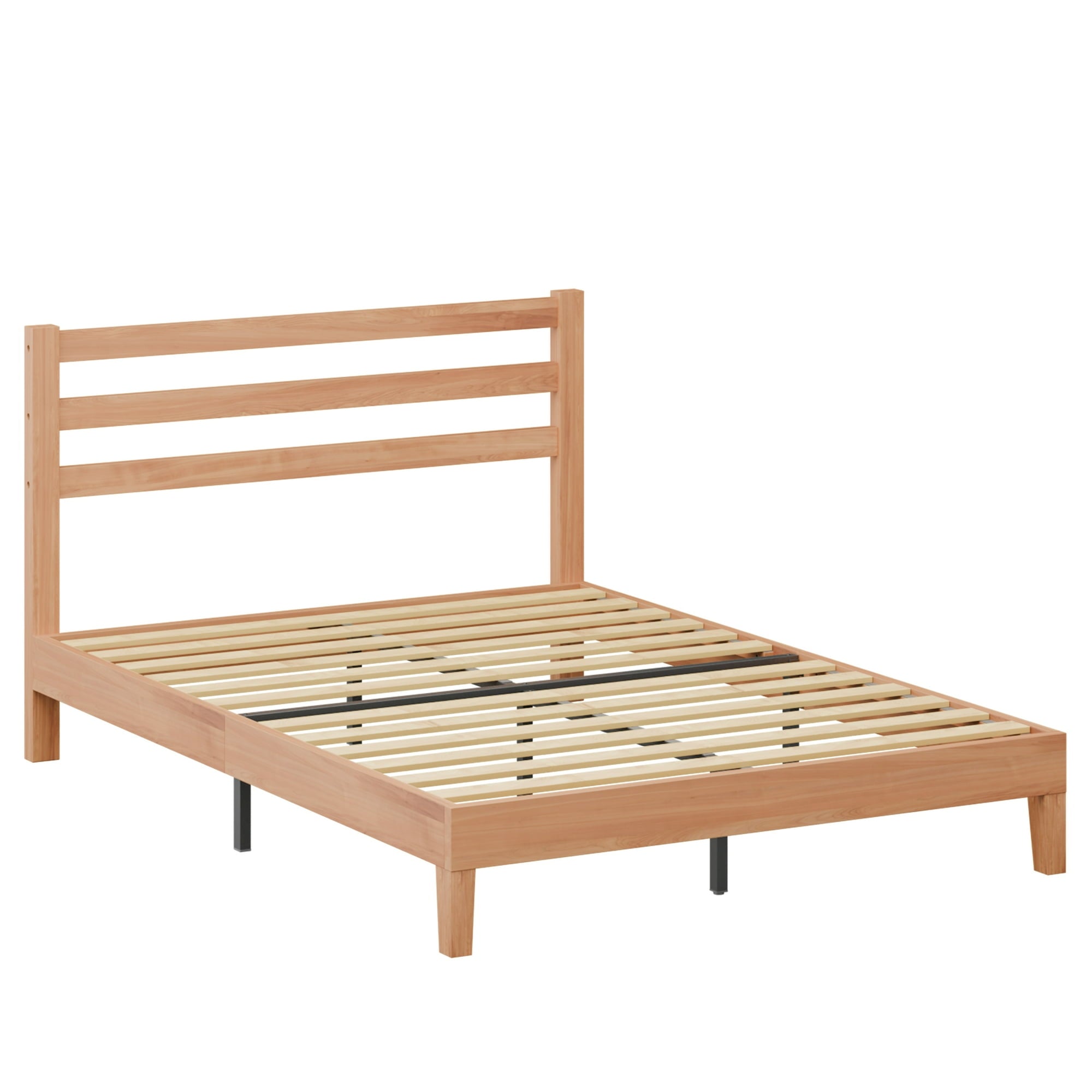 EDX Wood Bed Frame with Headboard - Walnut Finish, Solid Wood Slat Support System, No Box Spring Required