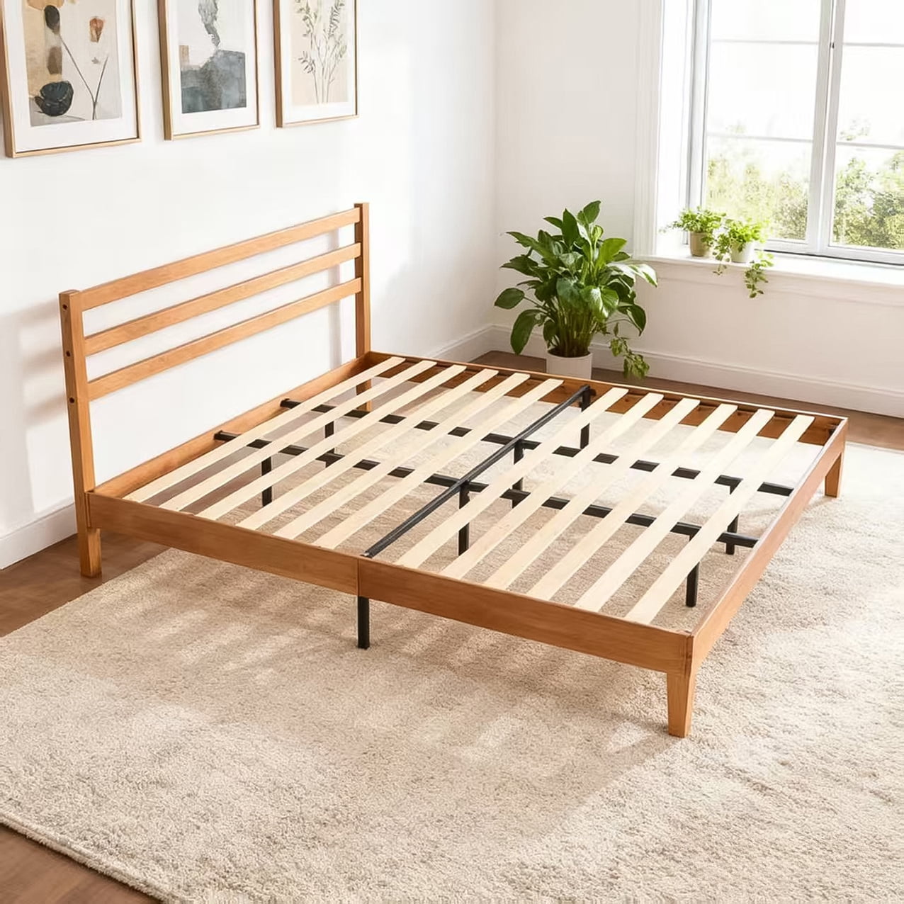 EDX Wood Bed Frame with Headboard - Walnut Finish, Solid Wood Slat Support System, No Box Spring Required