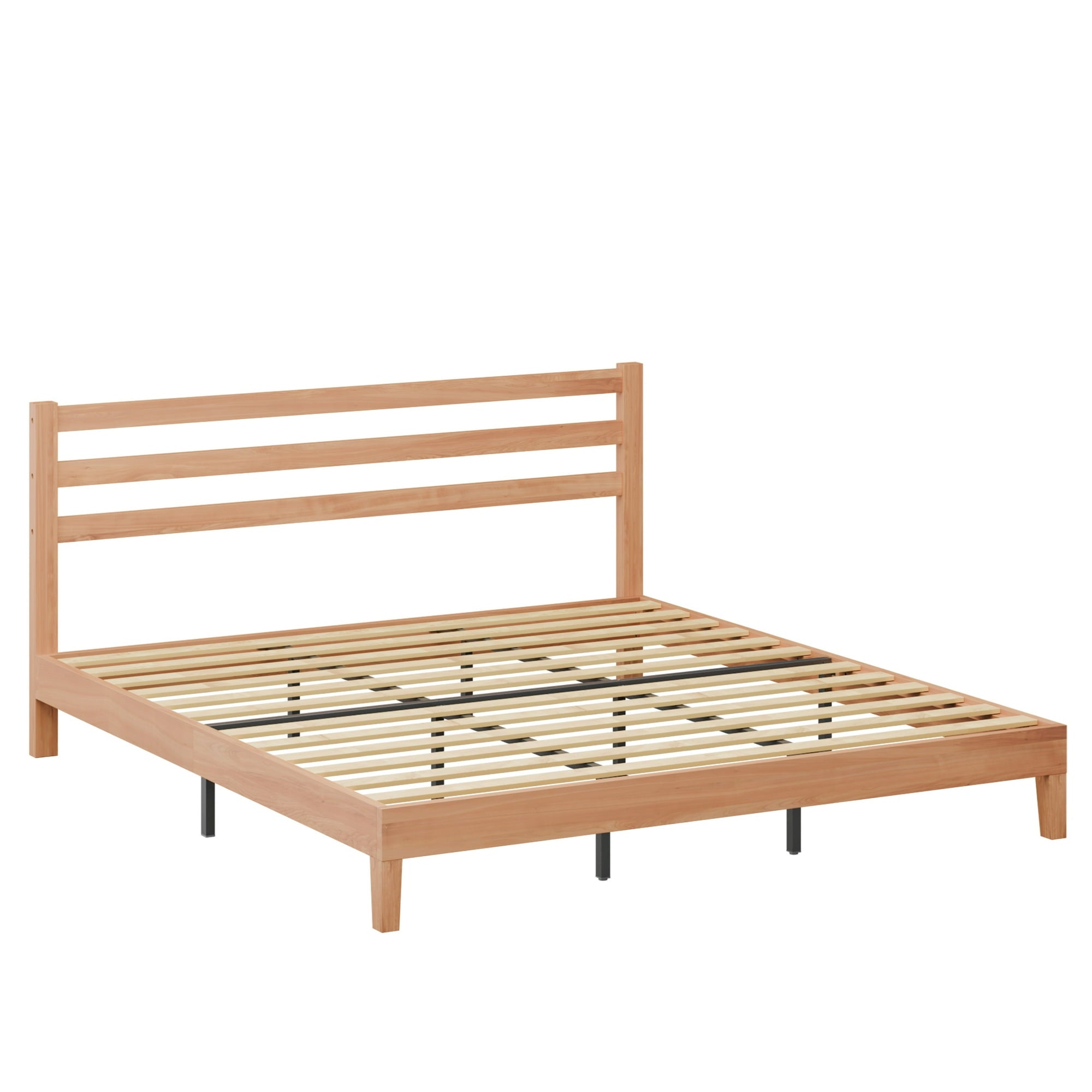 EDX Wood Bed Frame with Headboard - Walnut Finish, Solid Wood Slat Support System, No Box Spring Required