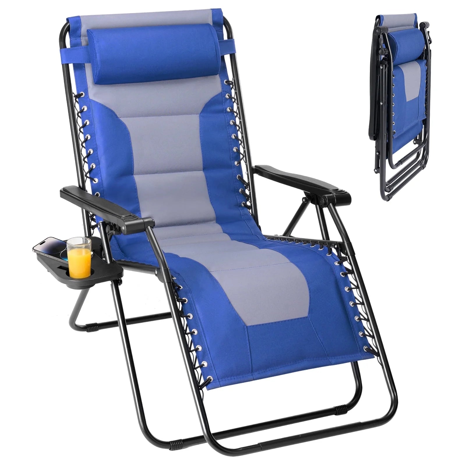 EDX Zero Gravity Chair XL Padded Folding Outdoor Recliner with Headrest & Cup Holder Tray, Adjustable 0–170°, Heavy Duty Steel Frame, Patio Lawn Beach Lounge Chair
