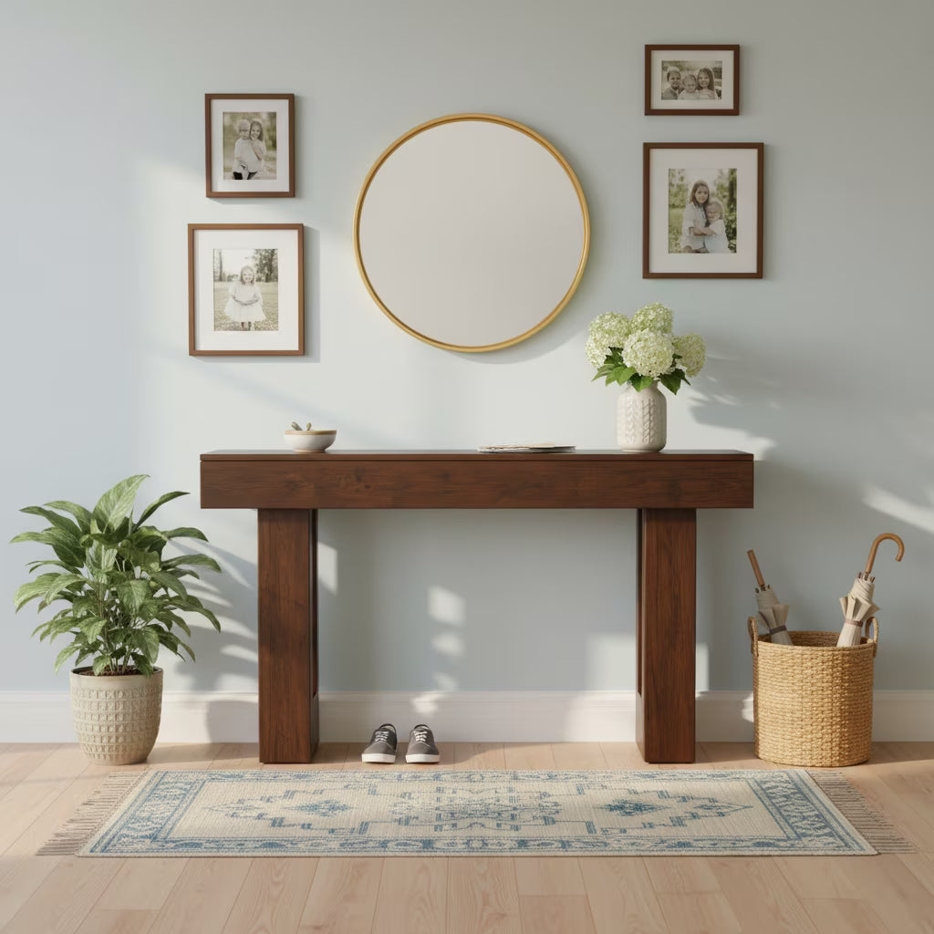 EDX 63 inch Solid Wood Farmhouse Console - Rectangular Sofa Back Design, Multi-Purpose Storage for Entryway Hallway Living Room