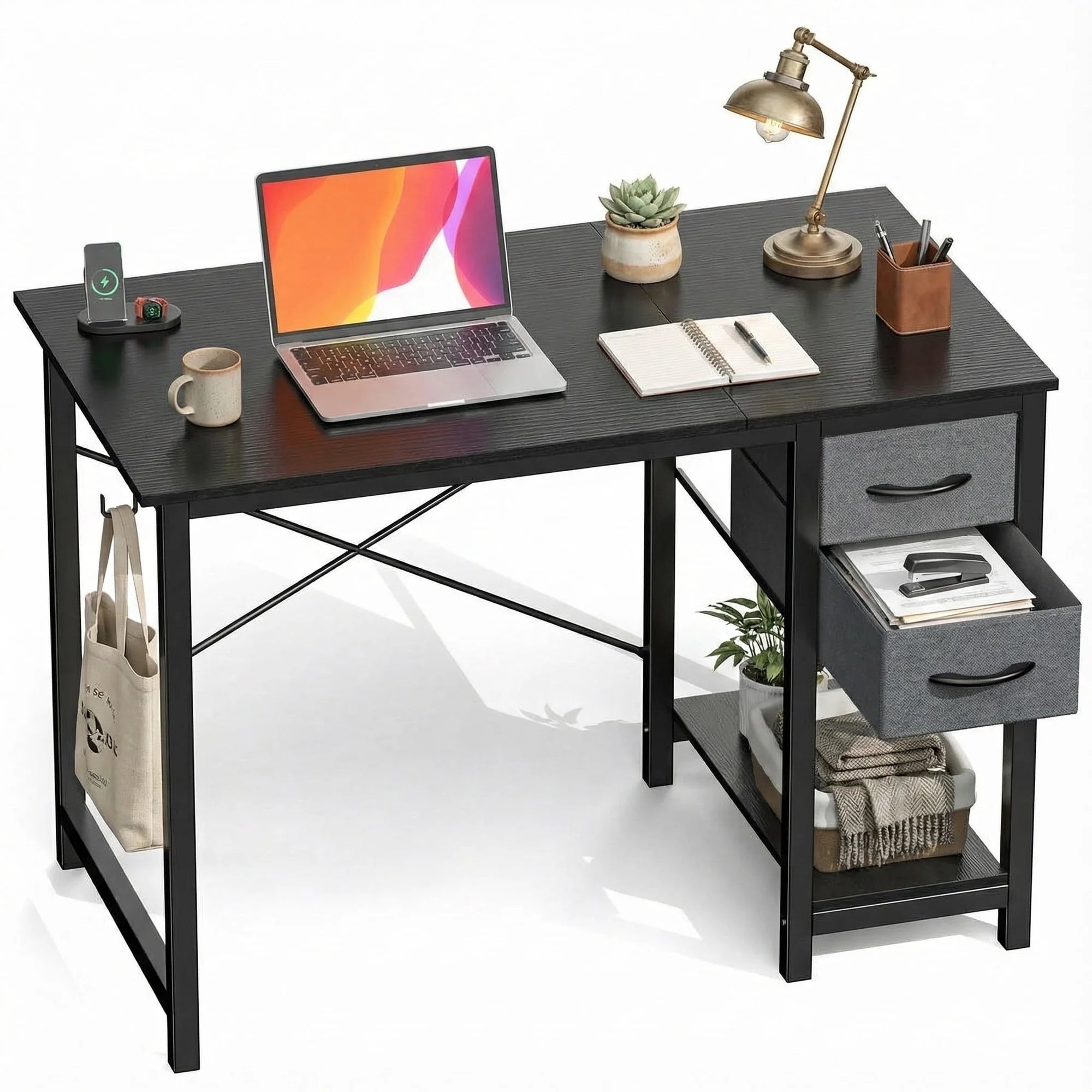 edx Computer Desk with 2 Drawers PC Table Study Writing Desk with Storage Shelf Headphone Hook, Simple Style Small Desk for Home
