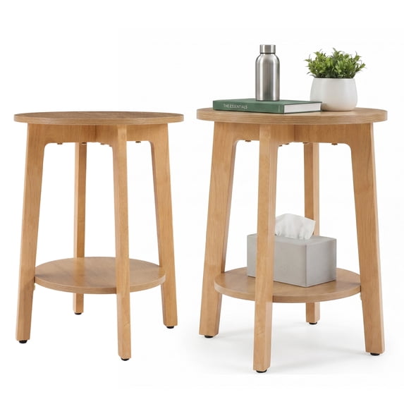 EDX Small Round End Table Set of 2, Modern Nightstand with Tapered Legs, 2-Tier Storage Side Table, Easy Assembly, Space-Saving Accent Table for Living Room Bedroom, Natural Wood