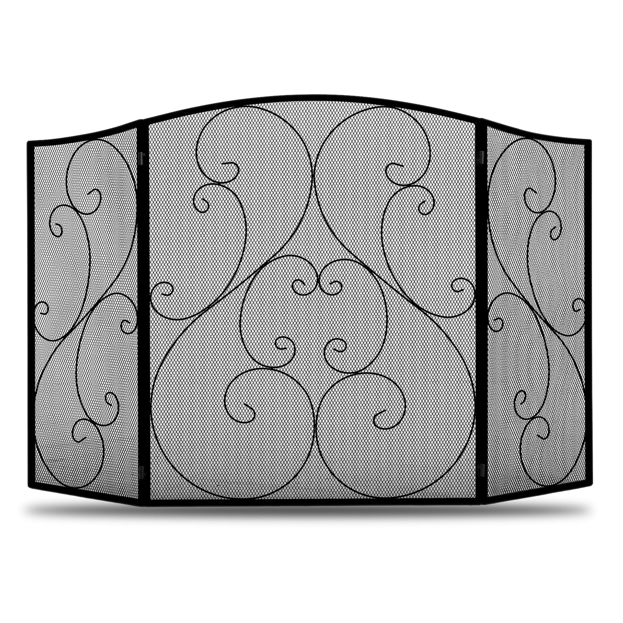 EDX 48 Inch Black Fireplace Screen, 30 Inch Tall Wrought Iron Spark Guard with Mesh for Indoor Protection,Black
