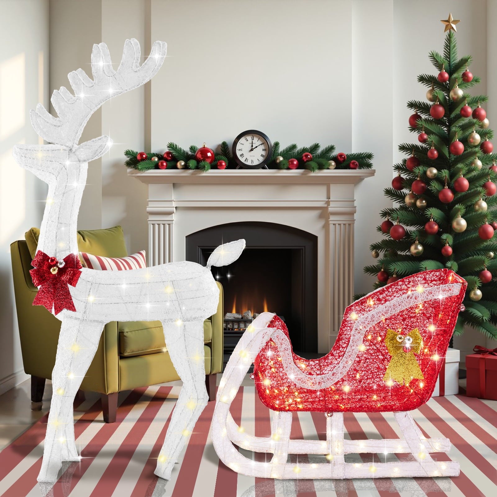 Glowing Christmas Reindeer Pulled Sleigh Decor - 180 LED lights, Indoor/Outdoor Holiday Display for Yard Porch Home