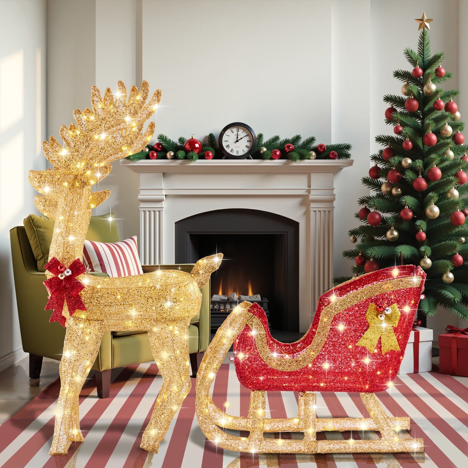 Glowing Christmas Reindeer Pulled Sleigh Decor - 180 LED lights, Indoor/Outdoor Holiday Display for Yard Porch Home