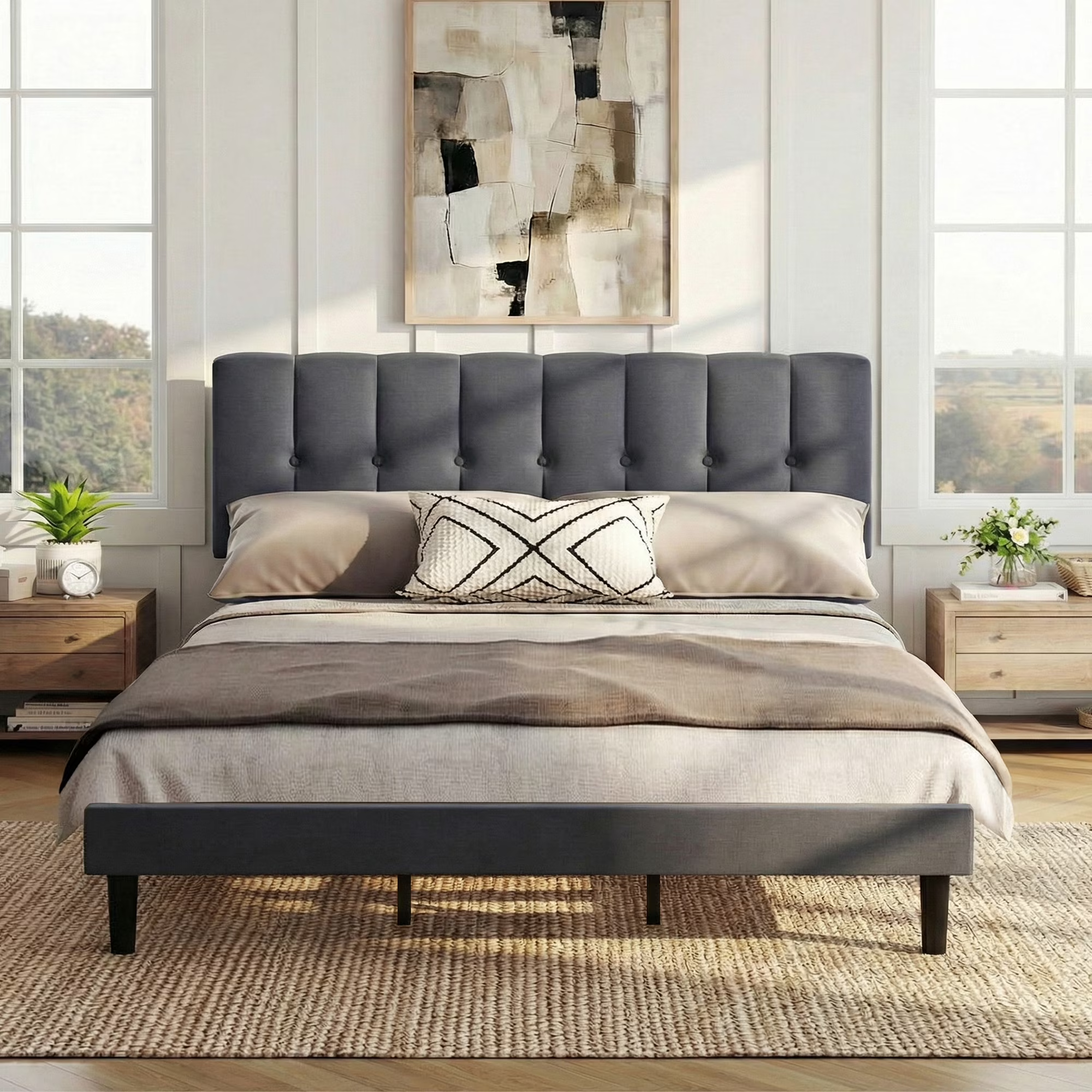 EDX Size Platform Bed Frame, Fully Upholstered Mattress Foundationwith Fabric Upholstered Headboard and Wooden Slats Support, No Box Spring Needed, Grey