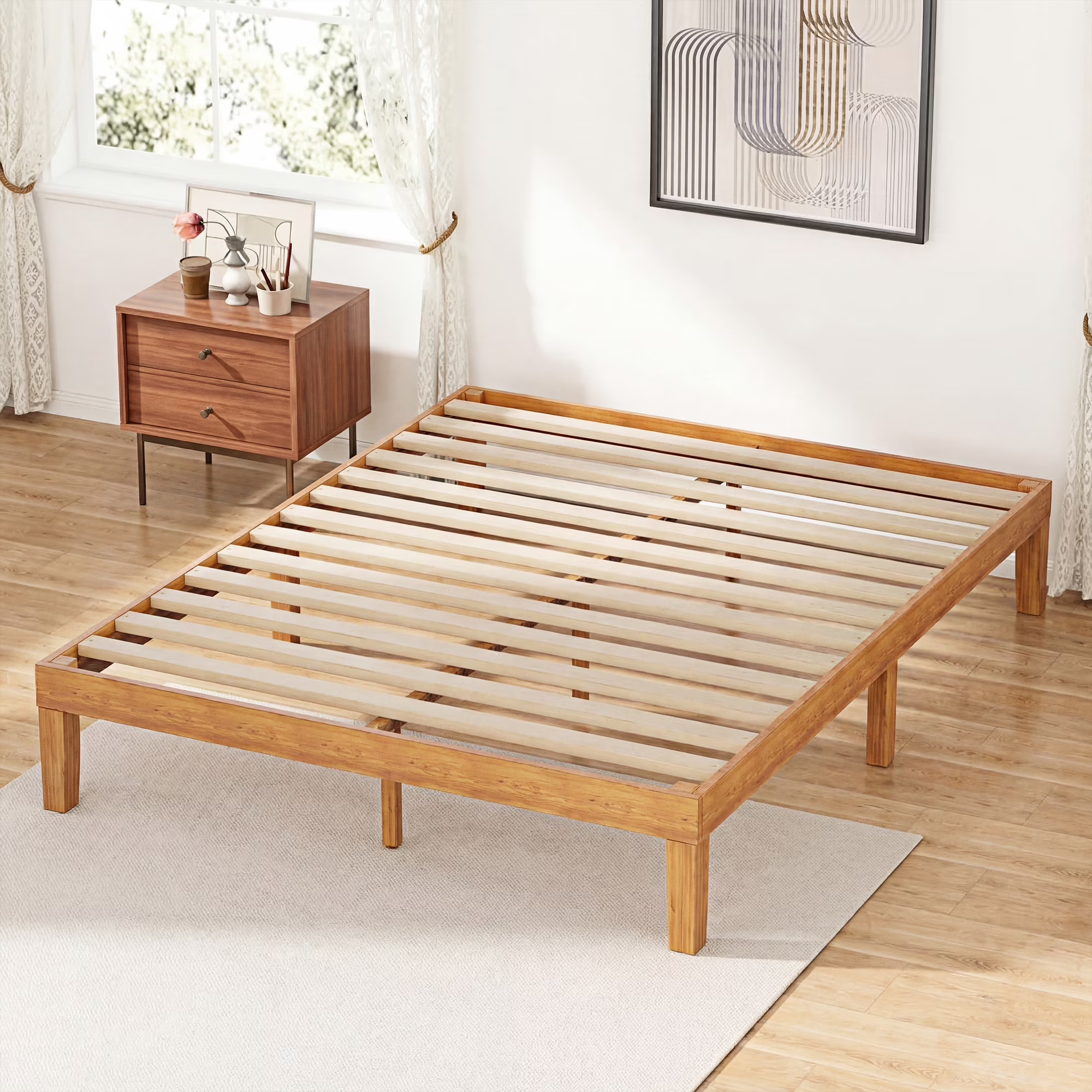 EDX King Size Wood Bed Frame, No Spring Needed, 12in Wooden Platform Bed Frame Mattress Foundation with Support Slats, Natural Pine
