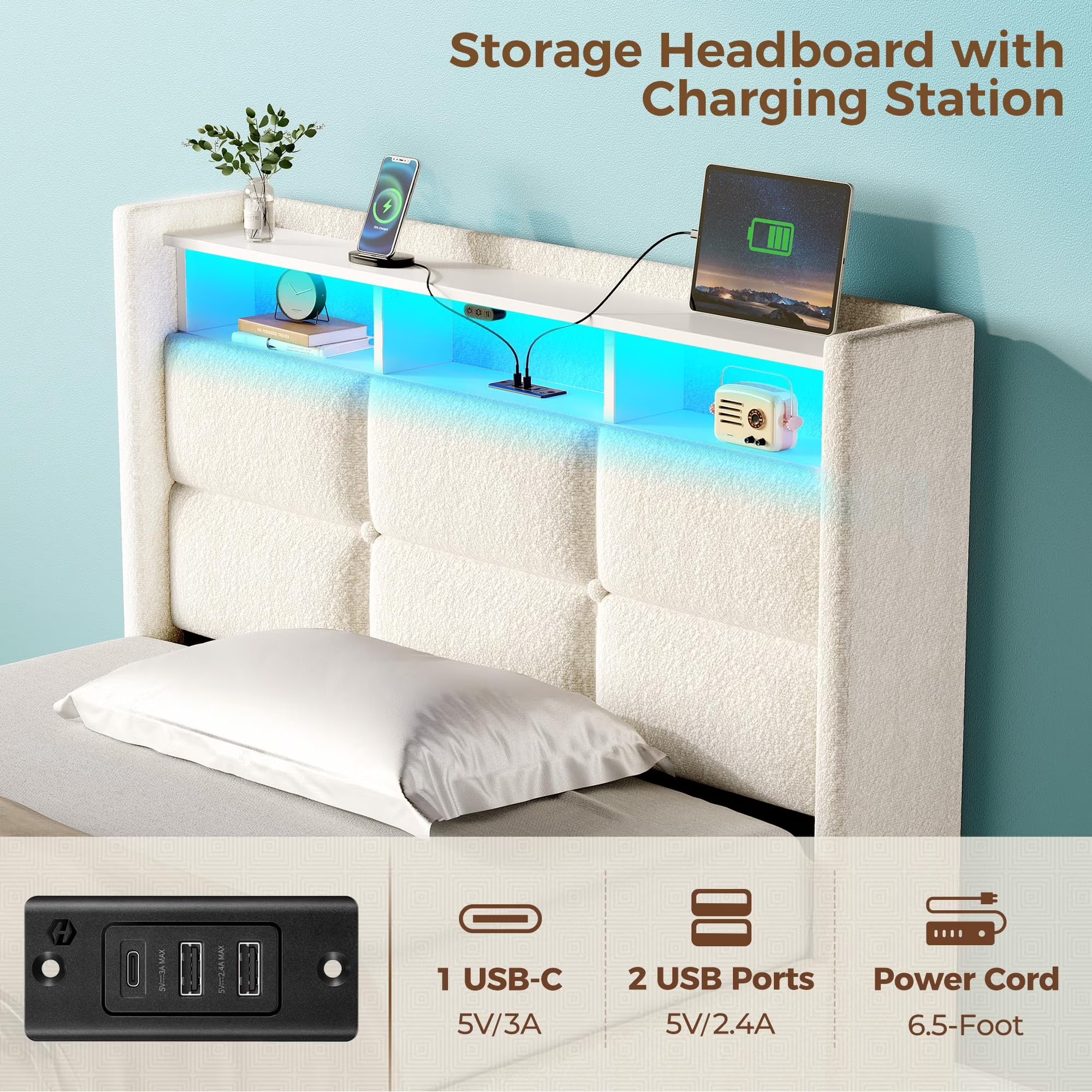 edx Upholstered Lift Up Storage Bed with LED Lights & USB Charging Station, Twin Size Platform Bed Frame with Underbed Storage, No Box Spring Needed, Wood Slat Support