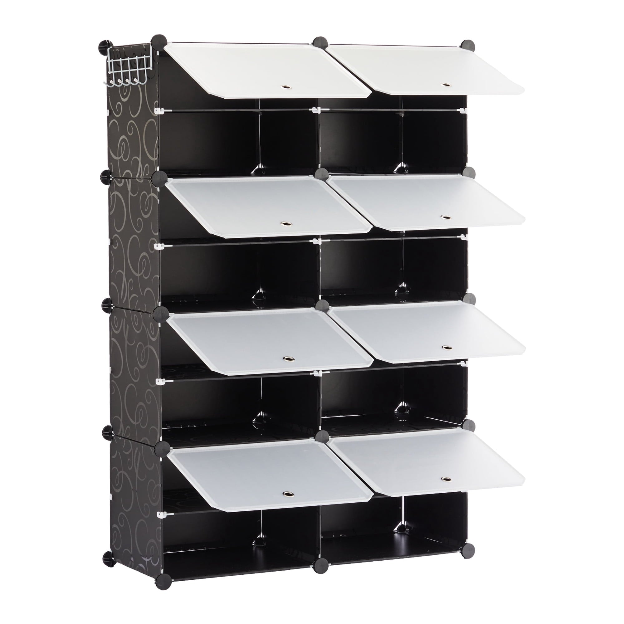 EDX 6-Tier Shoe Rack with Side Hooks, 24-Pair Capacity Sturdy Metal Frame Storage Organizer, White and Black Plastic Panel Shelf for Entryway, Bedroom, and Dressing Room