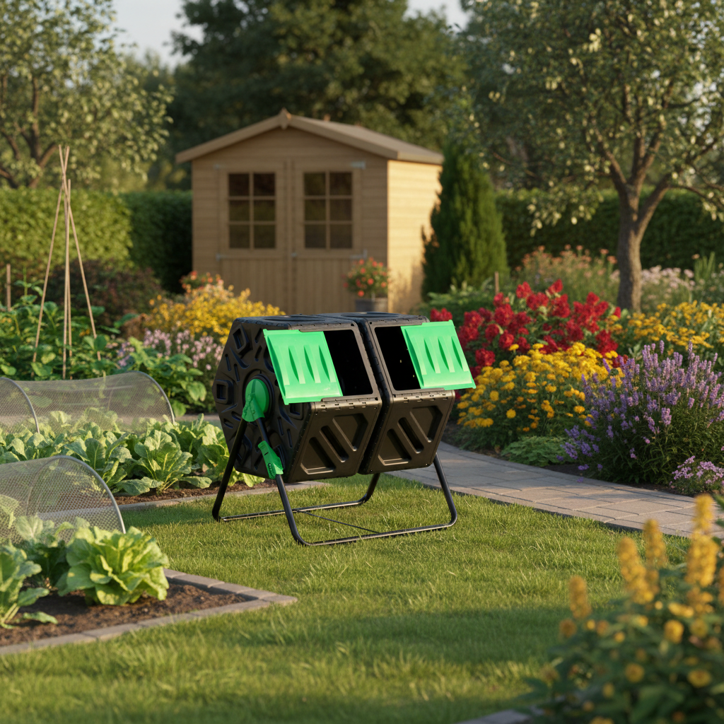 edx 37Gal Outdoor Composter Bin with Dual Chambers Tumbler, Sliding Doors, Black