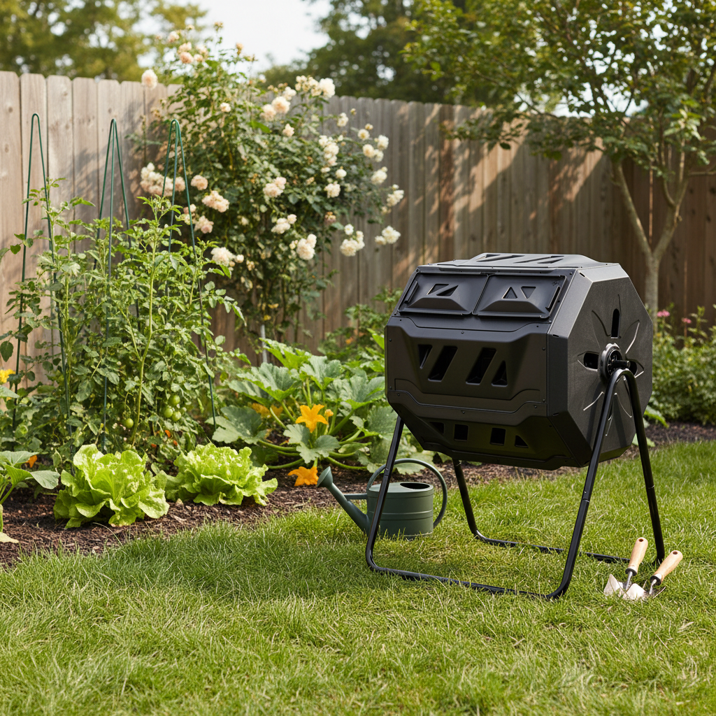 edx Compost Bin, 43 Gallon Dual Chamber Tumbling with Sliding Doors for Outdoor Garden