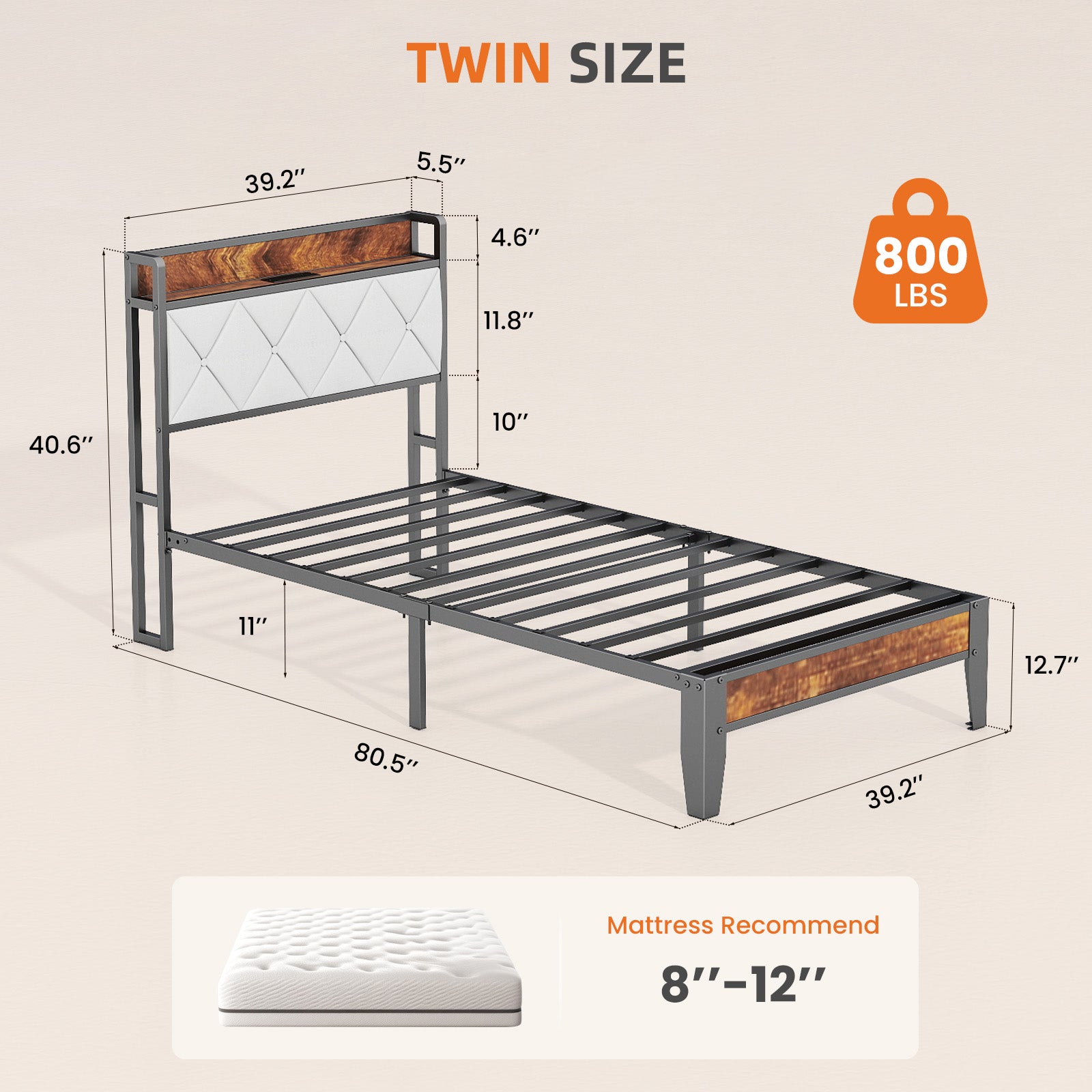 EDX Bed Frame with Headboard Integrated Charging Station, Spacious Underbed Storage,Simple No-Tool Assembly, No Box Spring Required