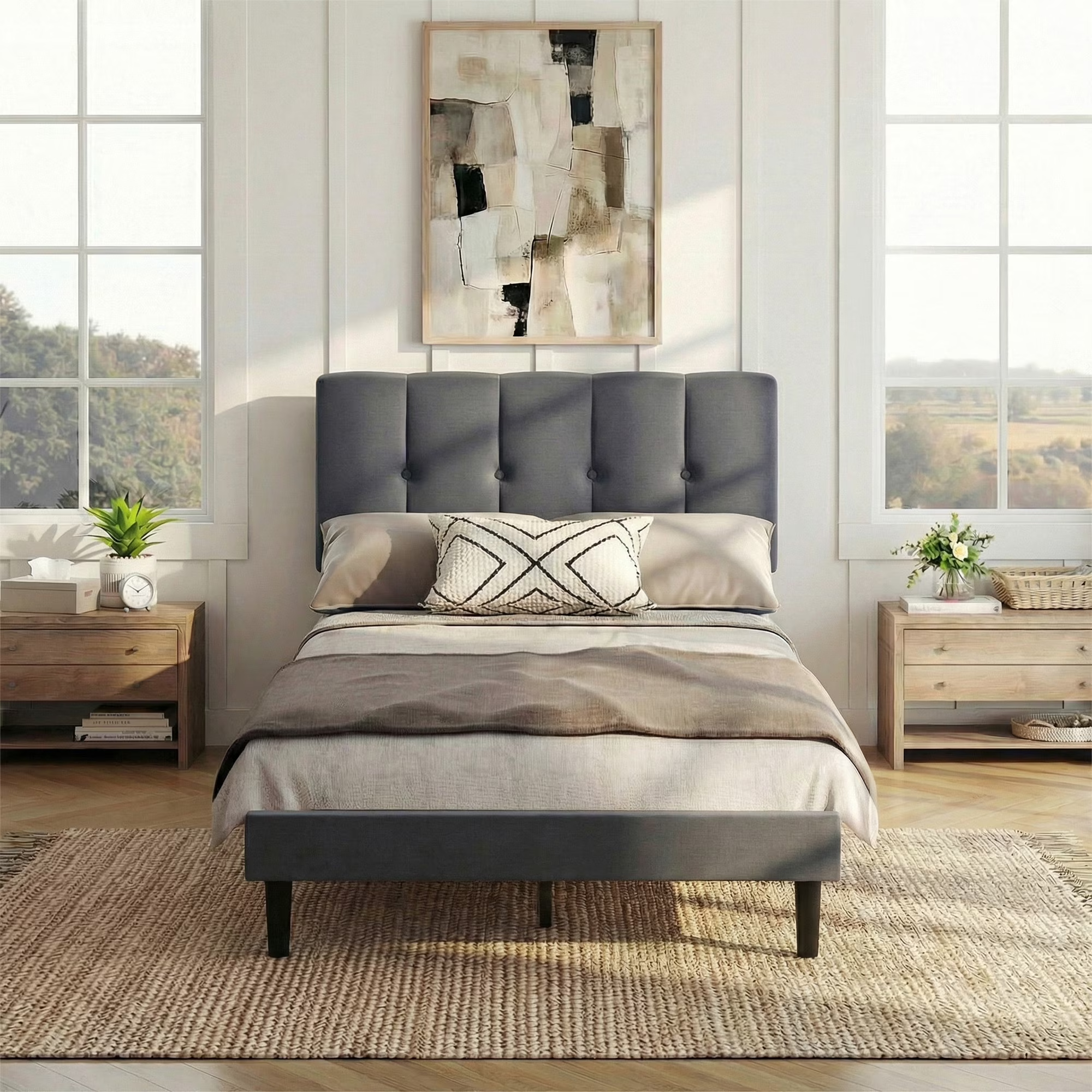 EDX Size Platform Bed Frame, Fully Upholstered Mattress Foundationwith Fabric Upholstered Headboard and Wooden Slats Support, No Box Spring Needed, Grey