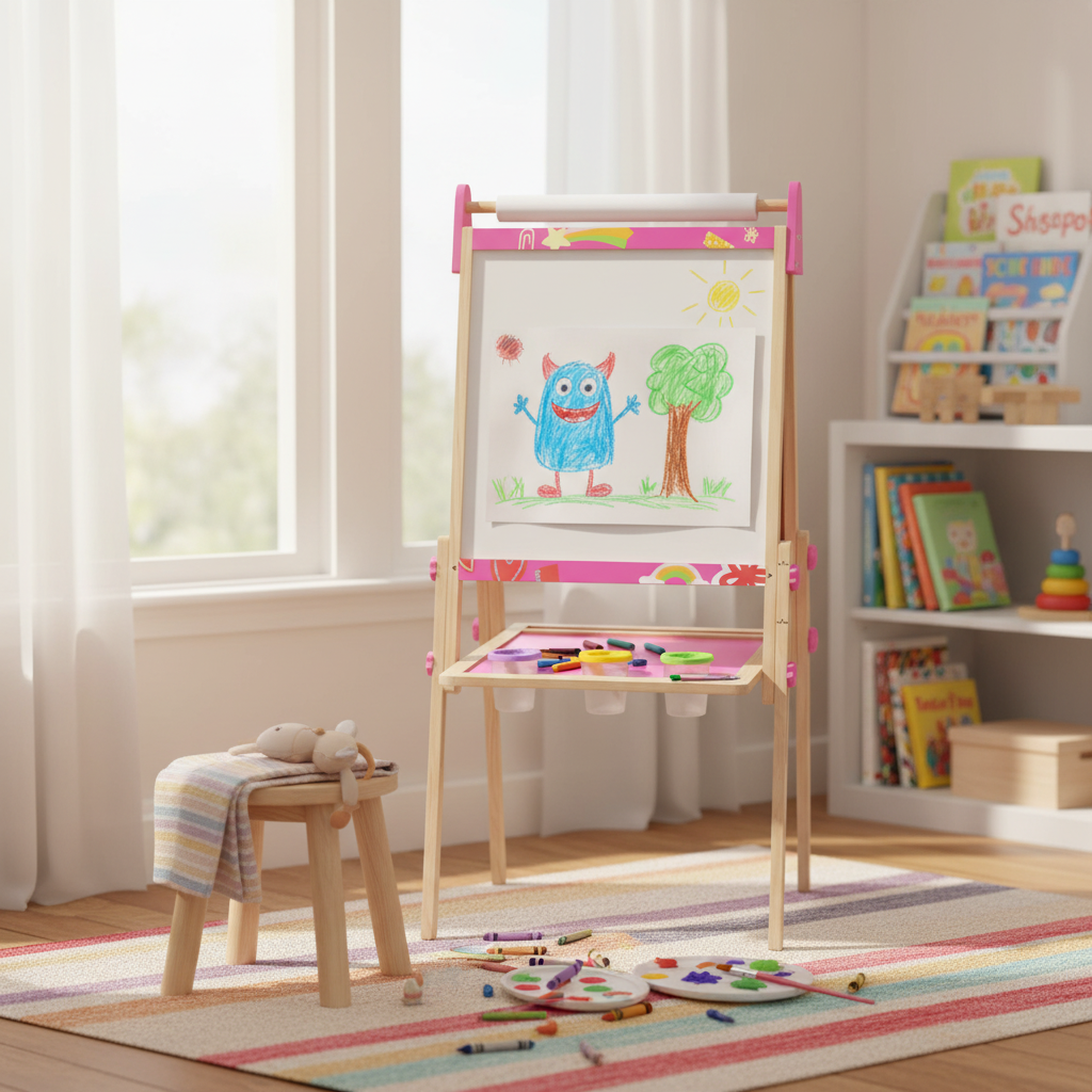 edx Kids Art Easel for 3+ Years Old, Adjustable Wooden Double-Sided Magnetic Chalkboard & Whiteboard with Paper Roll Holder, Toddler Drawing Easel Gift for Boys & Girls