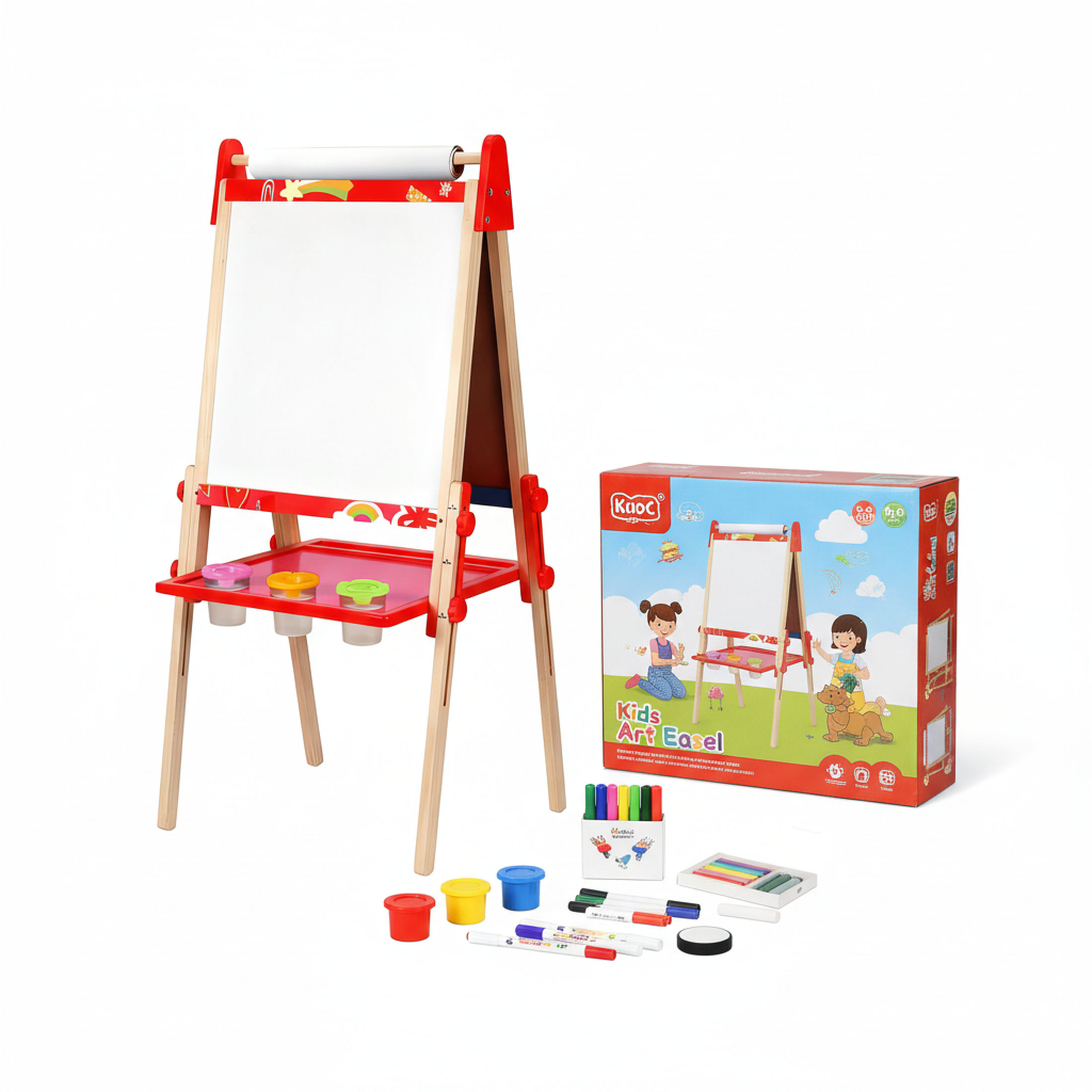 edx Kids Art Easel for 3+ Years Old, Adjustable Wooden Double-Sided Magnetic Chalkboard & Whiteboard with Paper Roll Holder, Toddler Drawing Easel Gift for Boys & Girls