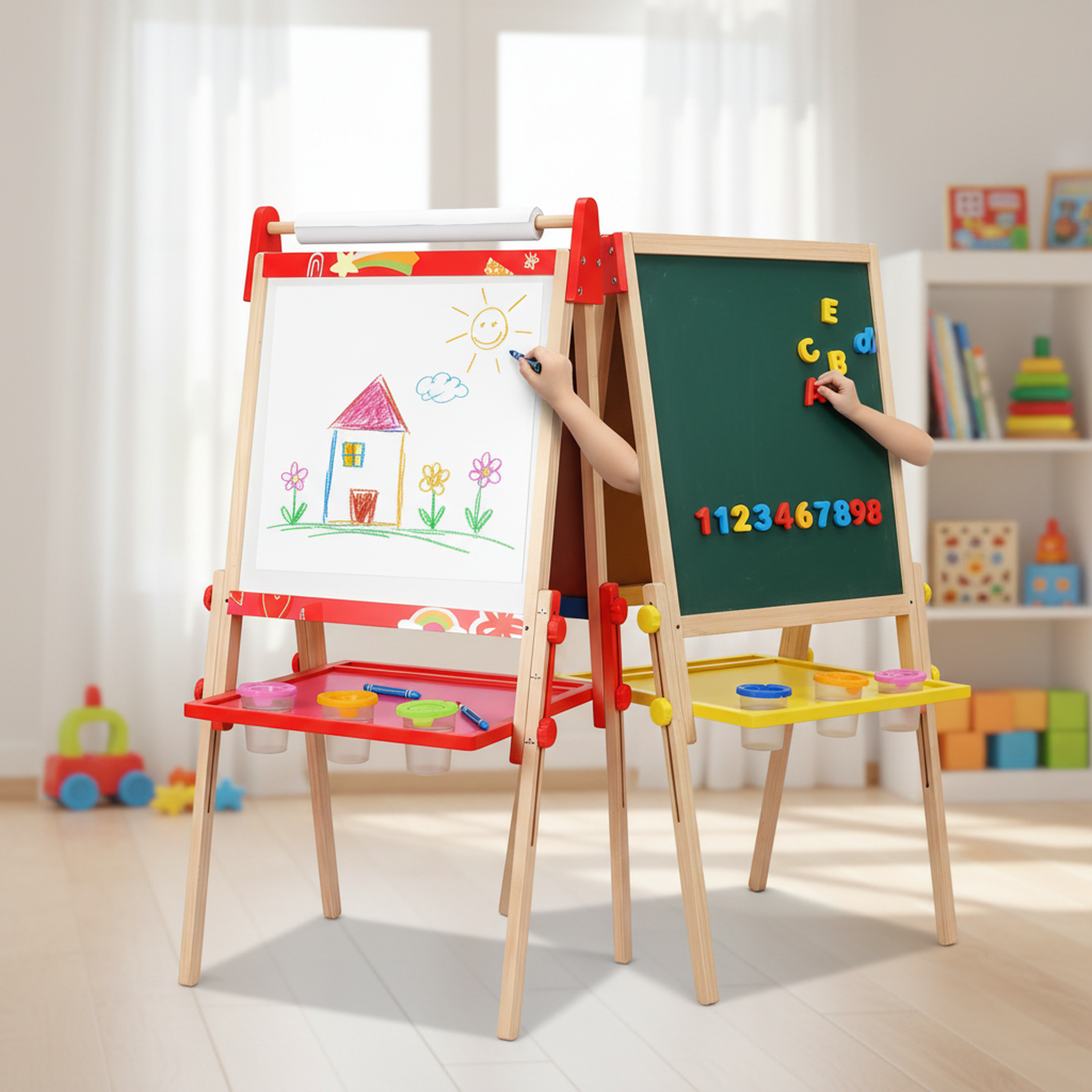 edx Kids Art Easel for 3+ Years Old, Adjustable Wooden Double-Sided Magnetic Chalkboard & Whiteboard with Paper Roll Holder, Toddler Drawing Easel Gift for Boys & Girls