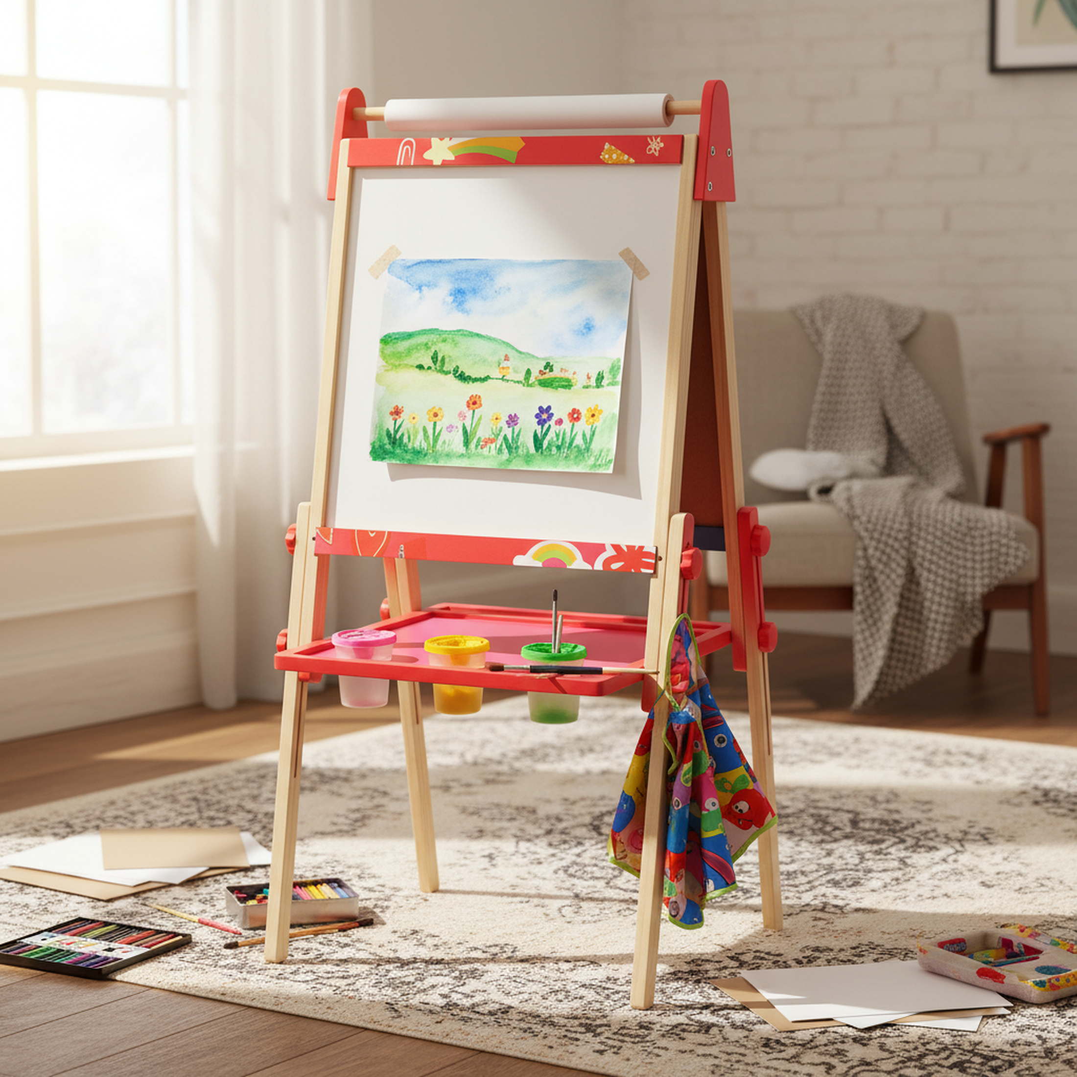 edx Kids Art Easel for 3+ Years Old, Adjustable Wooden Double-Sided Magnetic Chalkboard & Whiteboard with Paper Roll Holder, Toddler Drawing Easel Gift for Boys & Girls