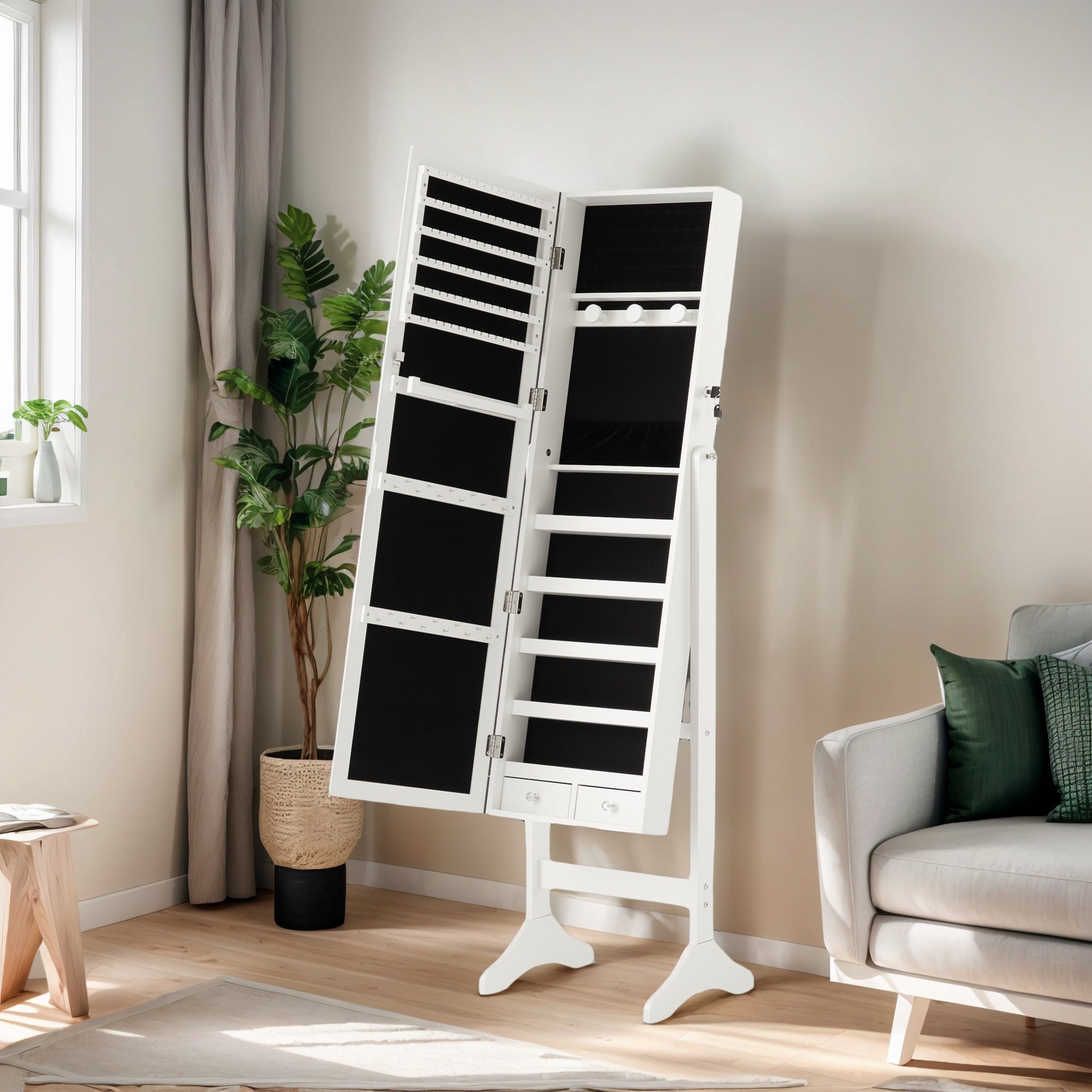 EDX Freestanding Full-Length Mirror Jewelry Cabinet, 3 Angle Adjustable Large Jewelry Armoire Organizer with Makeup Storage