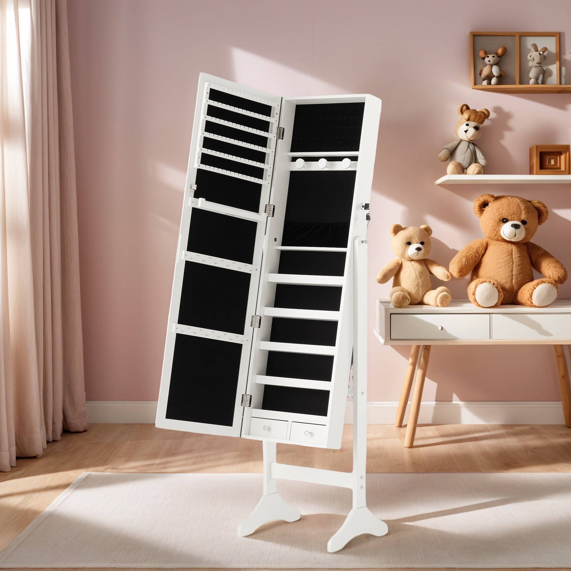 EDX Freestanding Full-Length Mirror Jewelry Cabinet, 3 Angle Adjustable Large Jewelry Armoire Organizer with Makeup Storage
