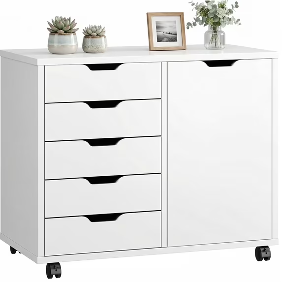 Gianna 5-Drawer Wood File Cabinet,Mobile Printer Stand with Adjustable Shelf & Wheels,Storage Shelves for Home Office