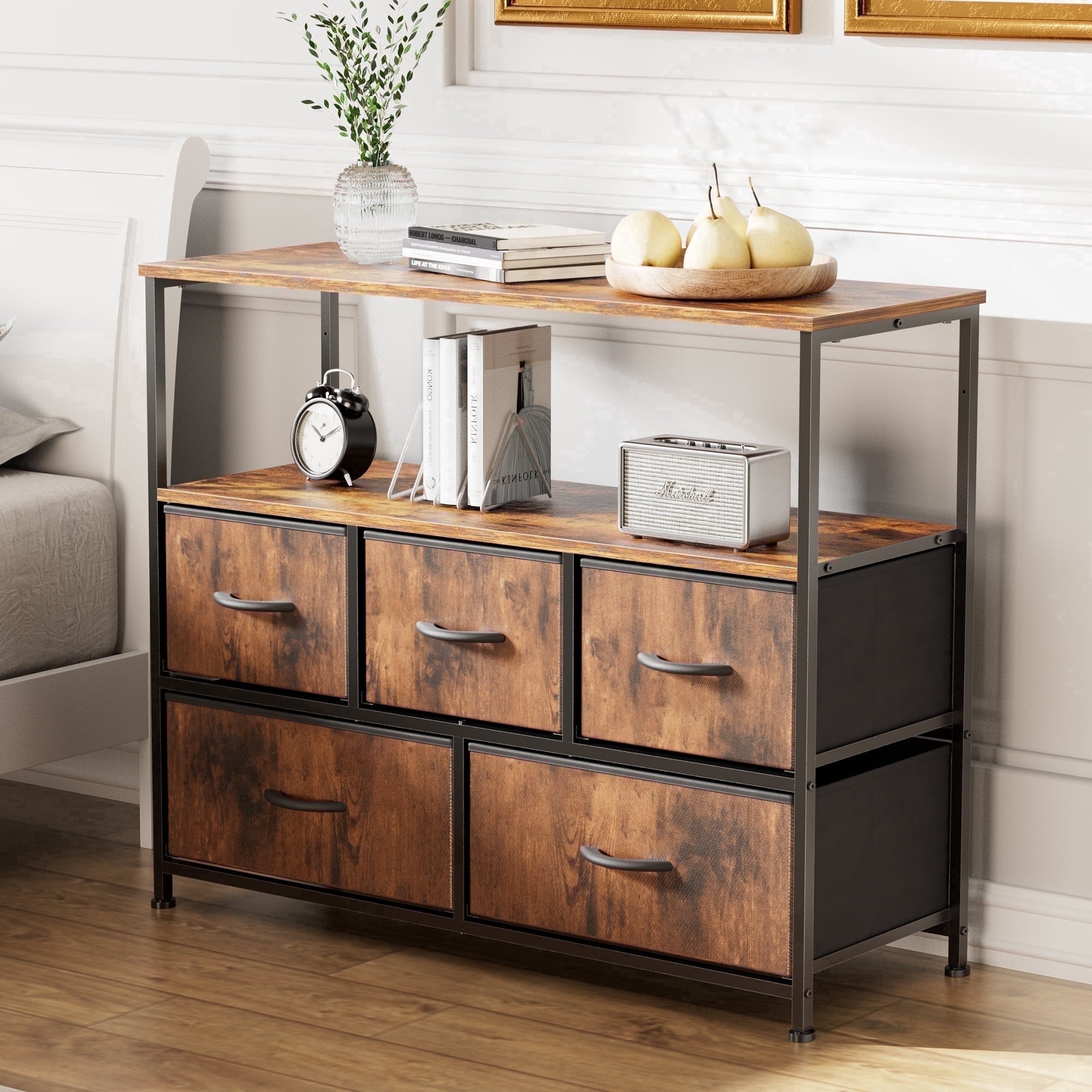 edx TV Stand with 5 Drawer Dresser Open Shelves, Fits TV up to 45 Inches