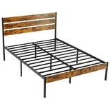edx Twin Size Metal Bed Frame with Wooden Headboard, Under Bed Storage, Noise-Free, No Box Spring Needed, Easy Assembly, Brown