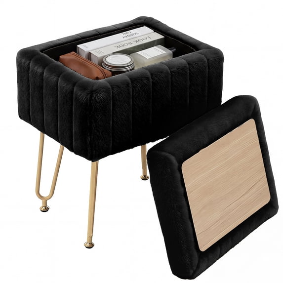 ZUNMOS Ottoman Vanity Stool Chair, with Storage Function, Modern Style Wooden Board Seat, Equipped with 4 Metal Legs and Non-Slip Feet, Suitable for Living Room and Bedroom