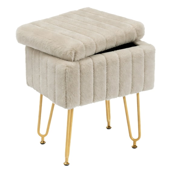 ZUNMOS Ottoman Vanity Stool Chair, with Storage Function, Modern Style Wooden Board Seat, Equipped with 4 Metal Legs and Non-Slip Feet, Suitable for Living Room and Bedroom