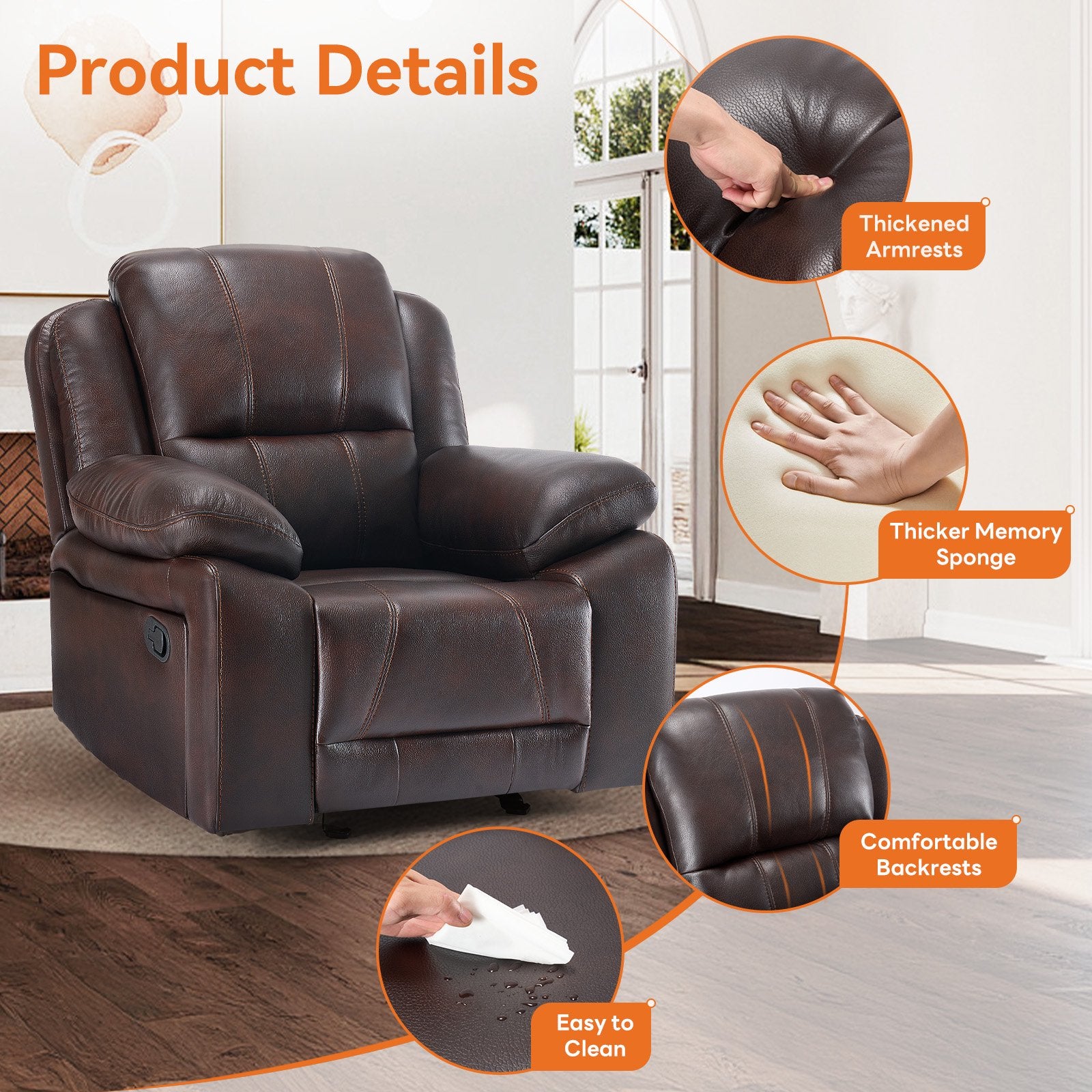 EDX Breathable Vegan Leather Recliner Chair, Lay Flat Recliner For The Elderly, Recliner Sofa for Living Room Home Theater Seating