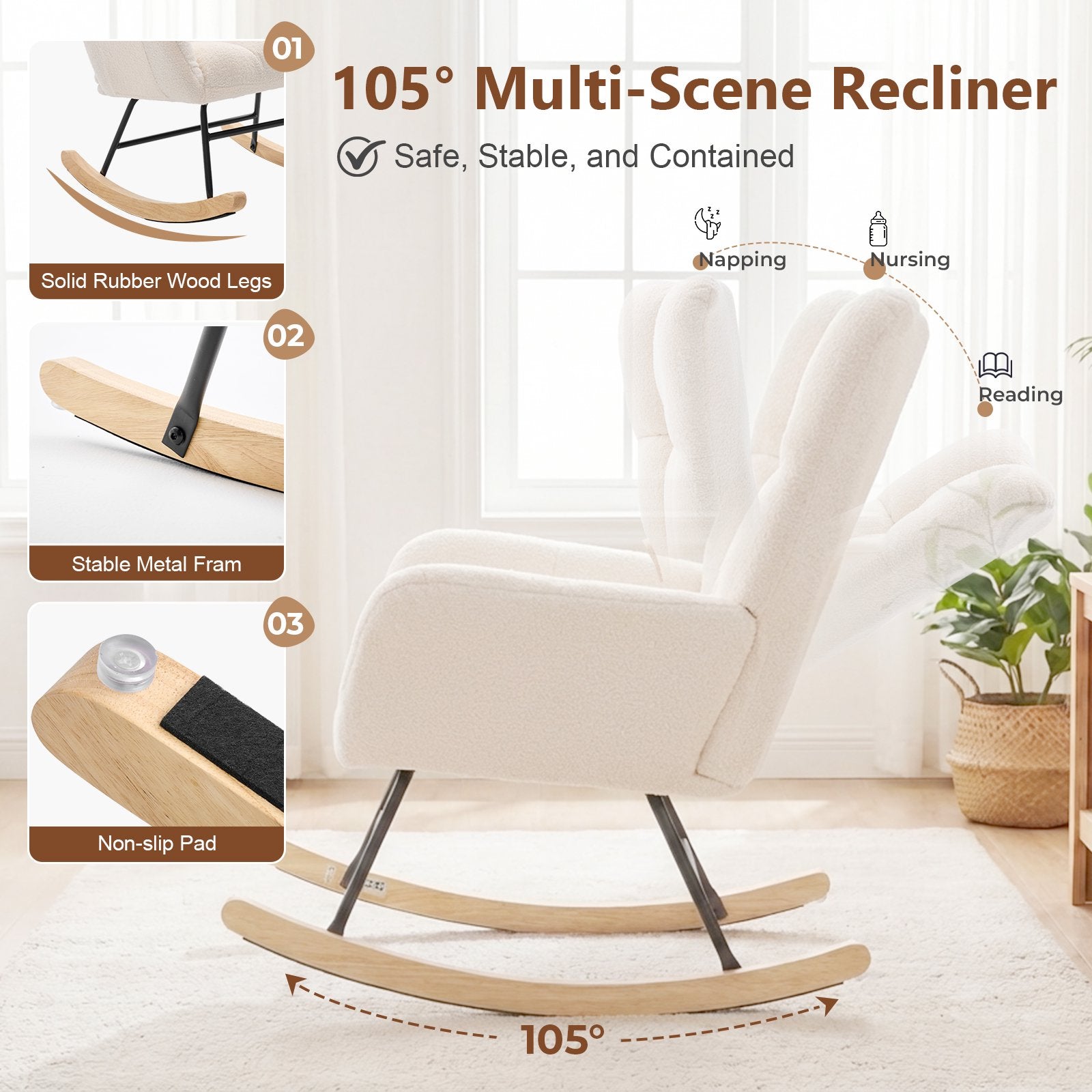 EDX Teddy Upholstered Rocking Accent Chair with Winged Back, Cozy Indoor Glider Seat for Reading, Bedroom, Living Room or Office