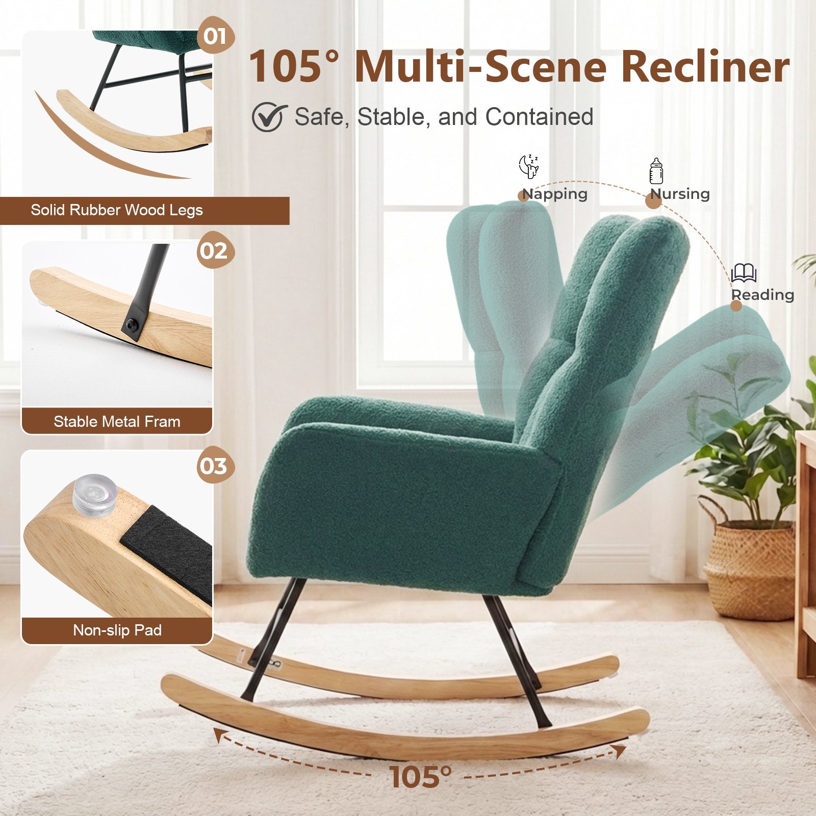 EDX Teddy Upholstered Rocking Accent Chair with Winged Back, Cozy Indoor Glider Seat for Reading, Bedroom, Living Room or Office