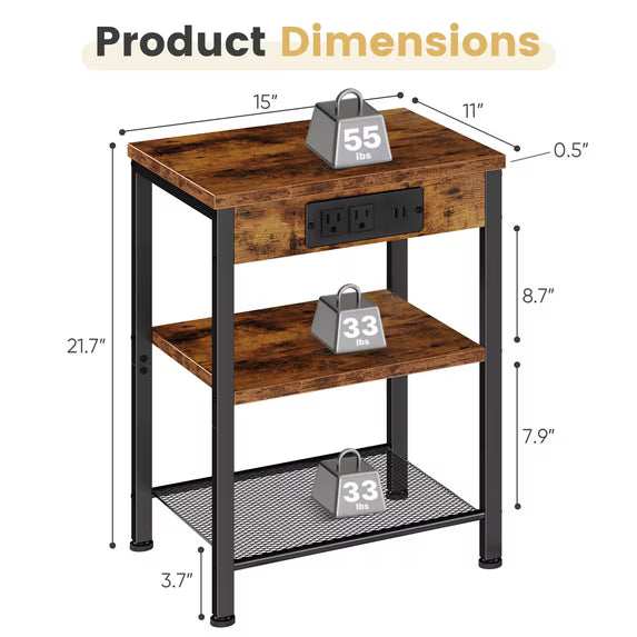 edx 3-Tier Nightstand with Charging Station, Adjustable Height Bedside Table with Storage Shelf, for Bedroom & Living Room, Easy Assembly, 55 LBS Capacity, Rustic Wood