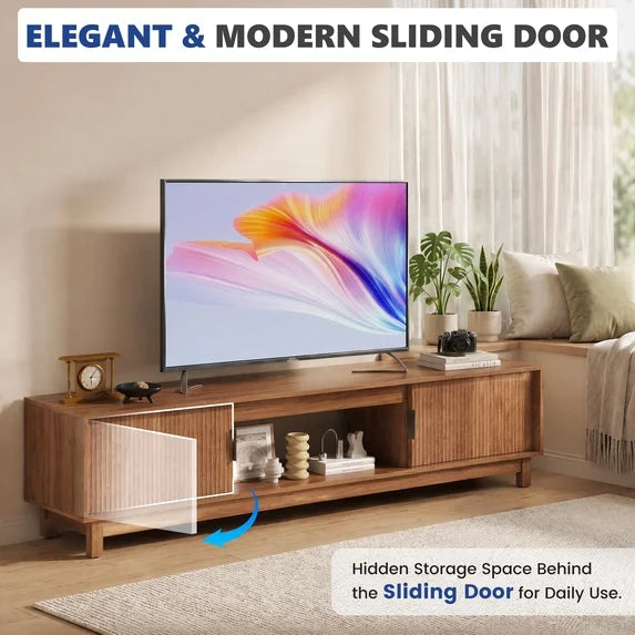 EDX Rattan TV Stand for 70 Inch TV, Media Console with Storage Cabinet & Open Shelves for Living Room, Brown