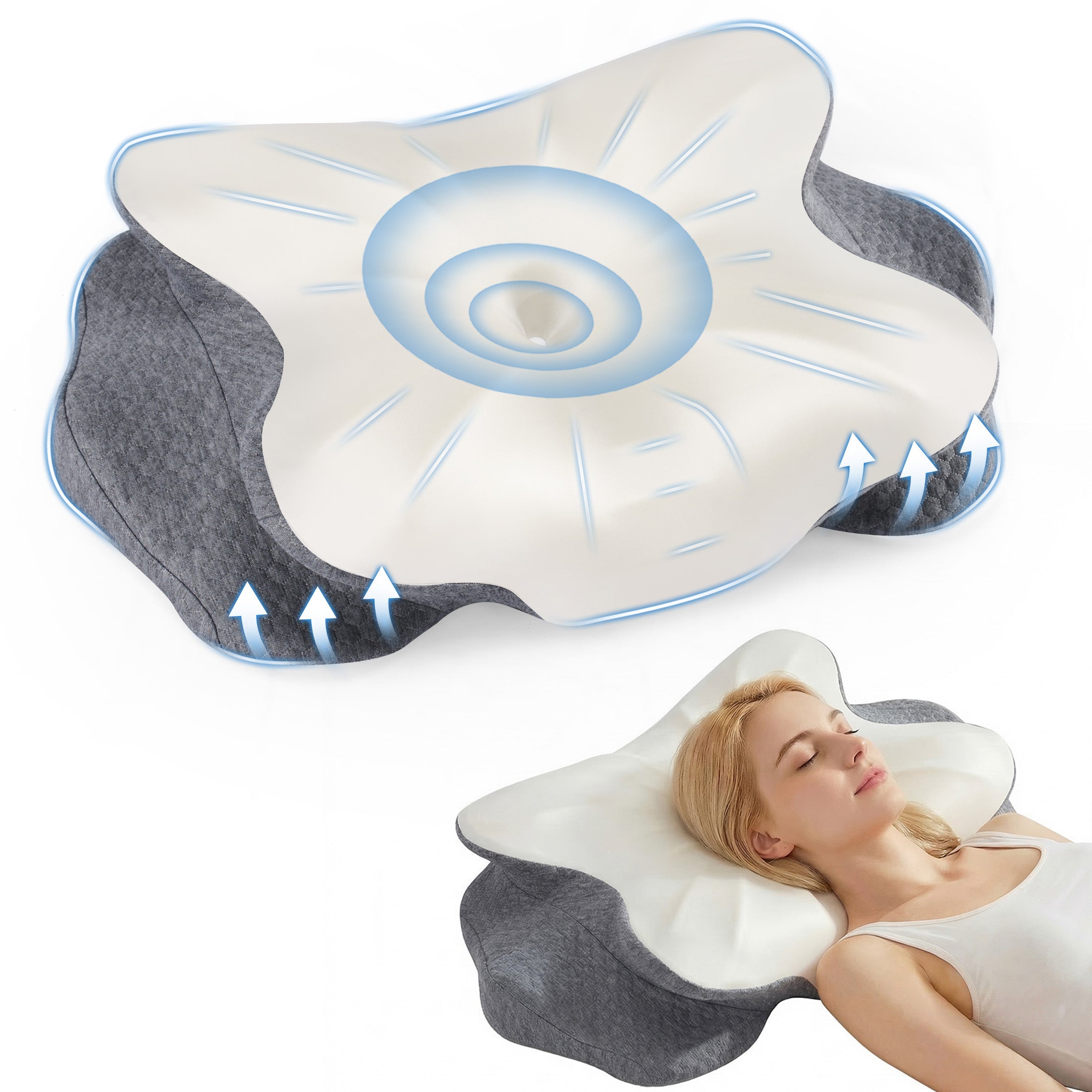 EDX Ergonomic Contoured Memory Foam Pillow, Cervical Support Pillow with Dual Height Design & Arm Grooves, Breathable Removable Cover, Suitable for Side, Back & Stomach Sleepers