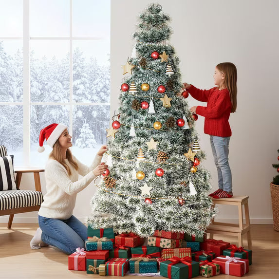edx Pre-lit Snow Flocked Artificial Christmas Tree, Prelighted Artificial Xmas Tree, With Branch Tips, LED Lights & Foldable Base, For Home, Office, Party Decoration