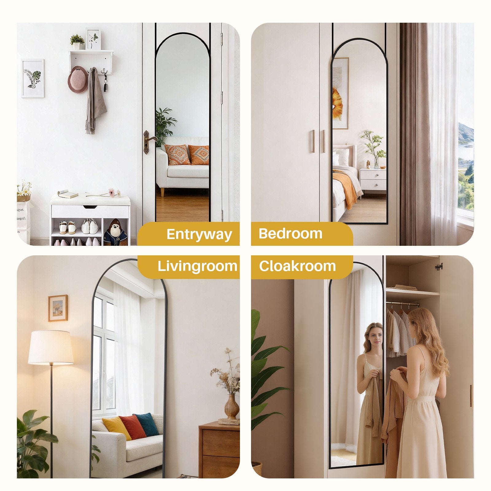 JIOABL 47x14 Door Hanging Mirror Rectangle(Arched) Full Body Length, Wall Mounted Aluminum Alloy Frame Dressing Make-up Mirror, Space-Saving for Entryway Bedroom Bathroom Living Room