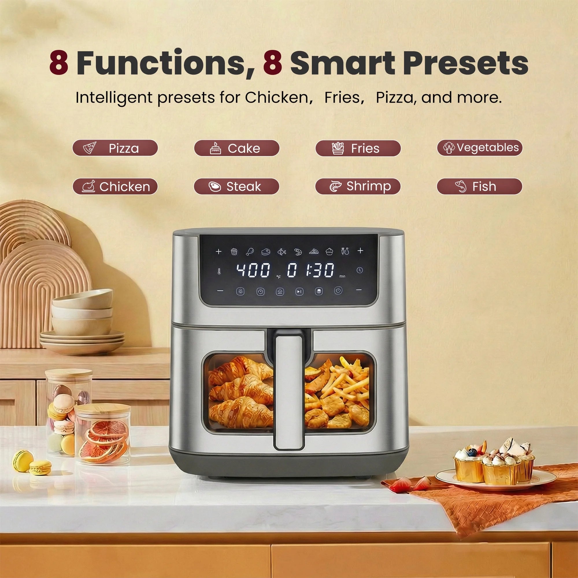 EDX 6QT Stainless Steel Air Fryer with Digital Touchscreen, 1500W, 8 Presets, Dishwasher Safe Basket, 90 Min Timer, 24H Delay Start
