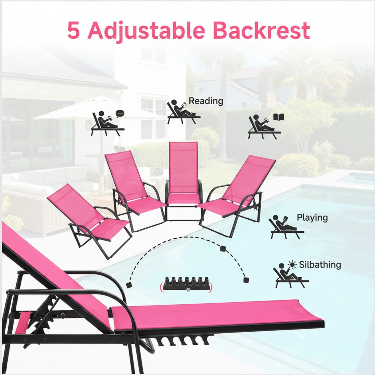 EDX Park Steel Stacking Chaise Lounge Chair for Outdoor Patio, Pink