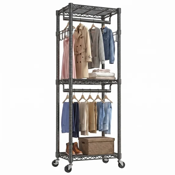 edx Clothes Rack, Heavy-Duty Garment Rack with Shelves & Wheels, Freestanding Wardrobe Organizer with Hooks, Ideal for Bedroom, Laundry, or Balcony