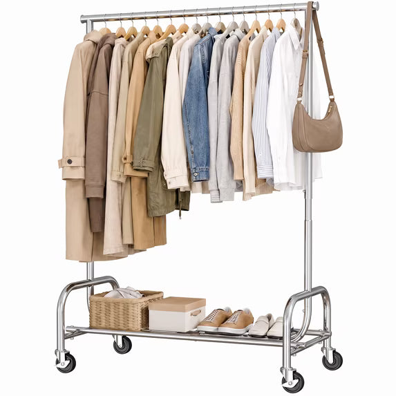 edx Clothes Rack with Wheels, 450 LBS Heavy Duty Clothing Rack for Hanging with Adjustable Height, Portable Rolling Garment Stand with Mesh Shelf and Extendable Rod for Bedroom Laundry