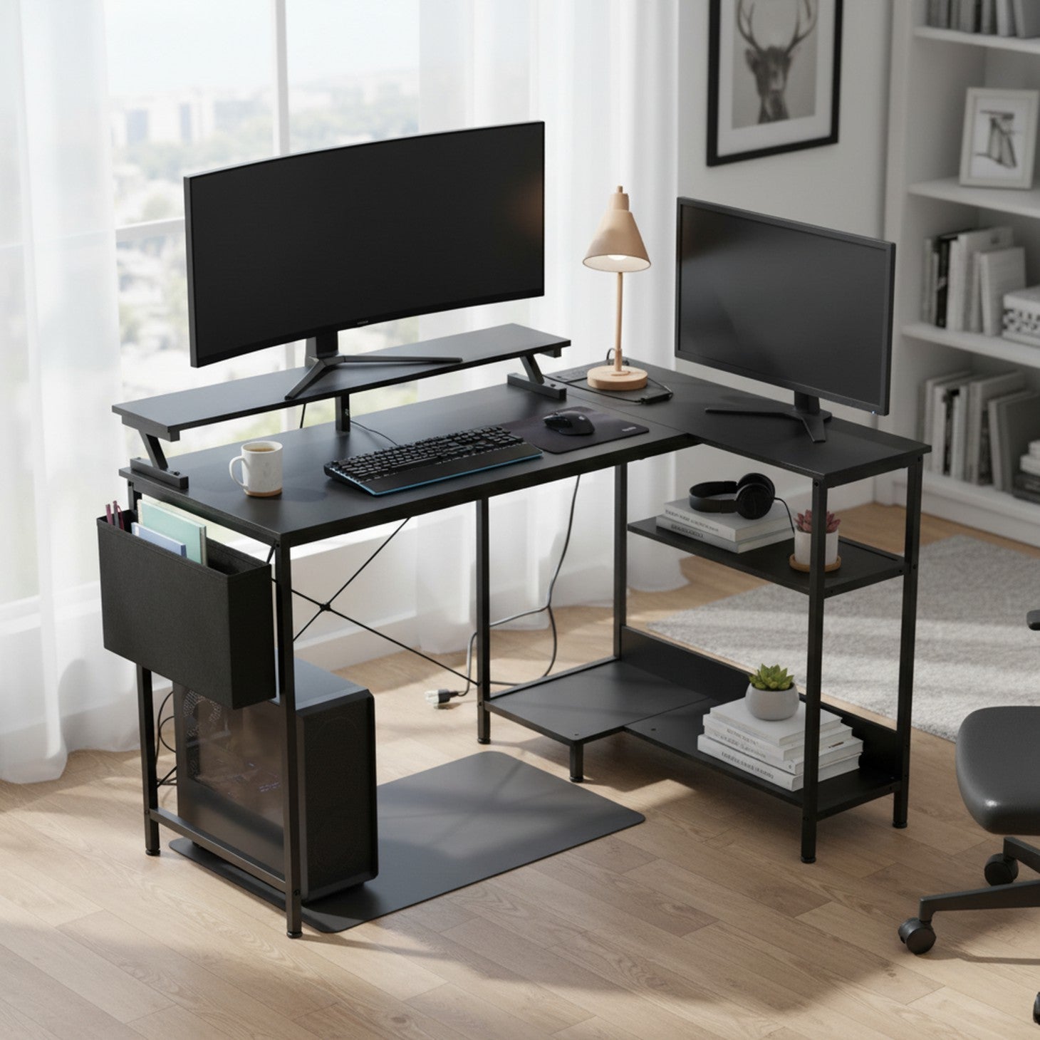 Edx L-Shaped Gaming Desk with USB-C Charging Ports, Smart LED Lights, 3 Storage Shelves & Monitor Stand Electric Corner Computer Desk for Home Office