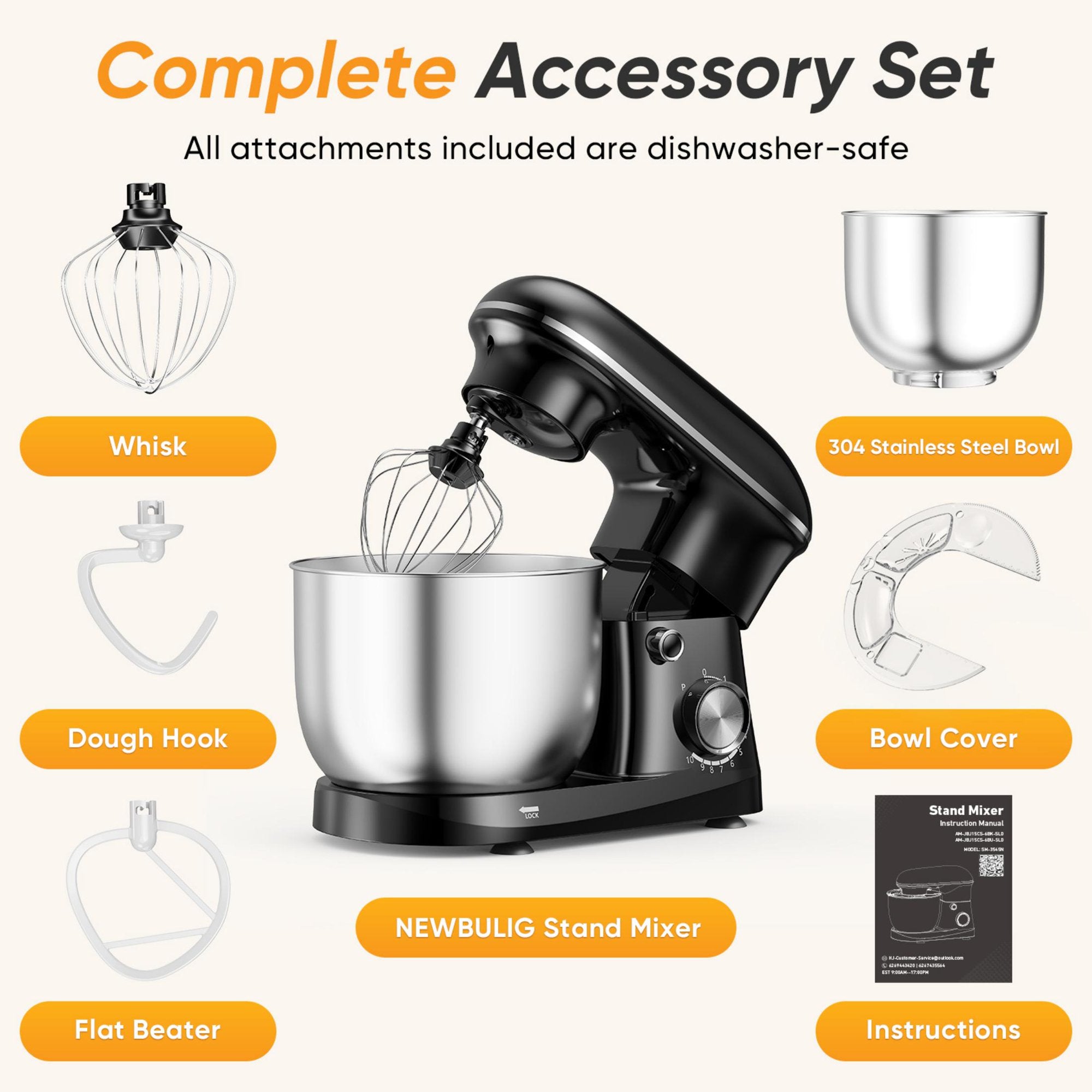 EDX Stand Mixer,10-Speed Electric Kitchen Mixer with Dough Hook,Whisk,Flat Beater and Bowl,Portable Lightweight Food Mixer for Most Home Cooks,Dishwasher Safe