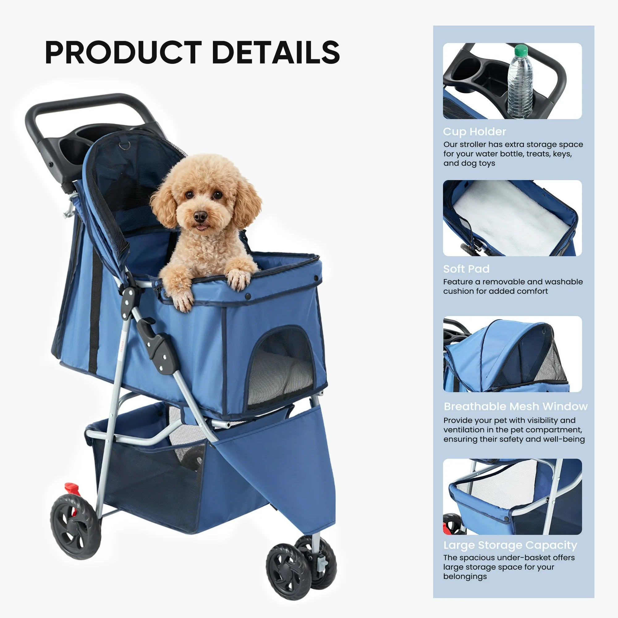 edx 3 Wheels Pet Stroller, Dog and Cat Strollers, With Storage Basket and Cup Holder, Lightweight Travel Carrier, Breathable Mesh, Waterproof and Foldable for Small Pets Outdoor Walk